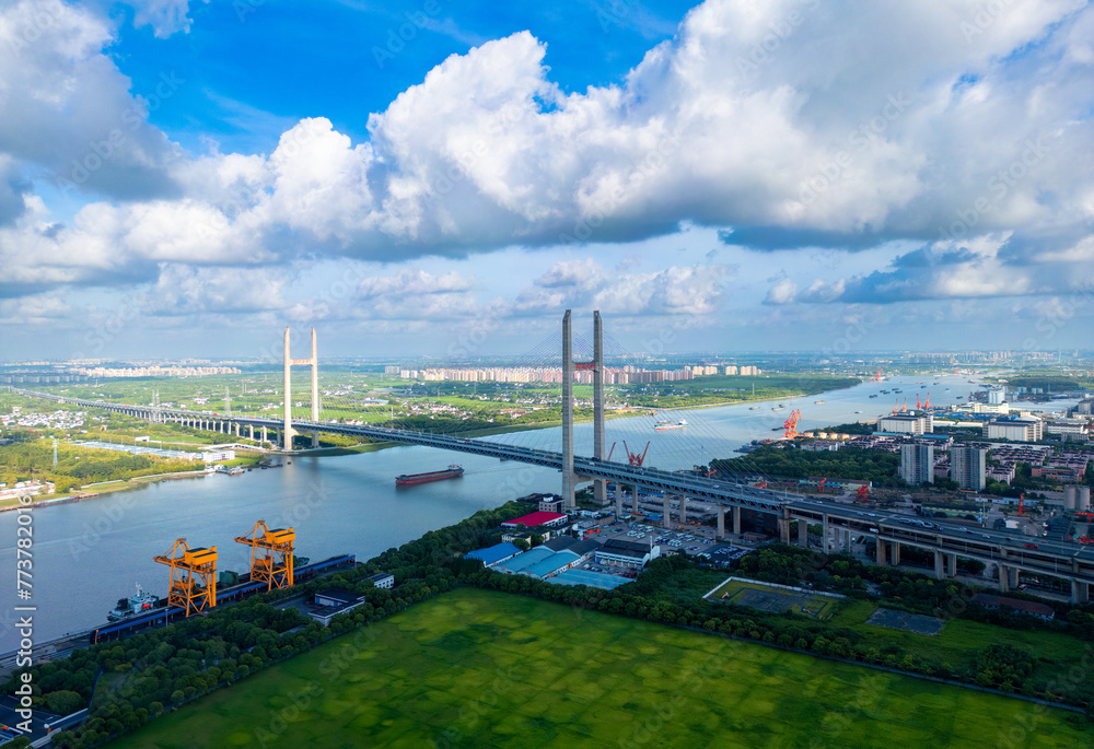 Aerial Photography of Scenery of Minpu Bridge in Shanghai, China