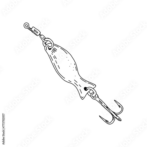 Fishing hook minnow vector illustration tackle. Metal fly gudgeon spinner lure feeding. Bait line drawing. Ink silhouette. Spoon angler tool black outline 
