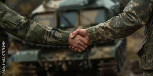 Joining hands handshake in war business agreement for the weapon delivery business investment agreement of army uniform businessmen. Businesspeople shaking hands of adult military soldier men