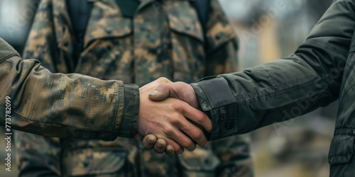 Businesspeople shaking hands of adult military soldier men. Joining hands handshake in war business agreement for the weapon delivery business investment agreement of army uniform businessmen