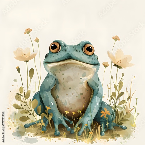 Surrounded by delicate botanical elements  this illustration beautifully captures a frog in a contemplative pose  ideal for nursery or children s book cover decor.