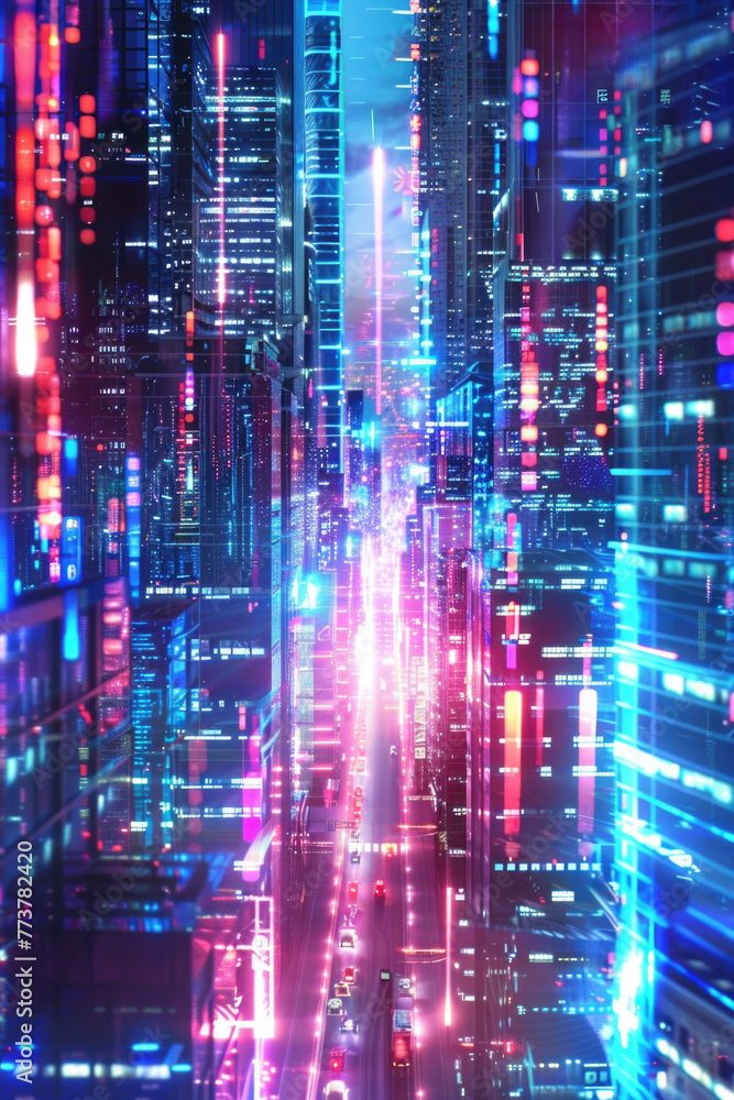 A cityscape with neon lights and buildings A cityscape with neon lights and buildings