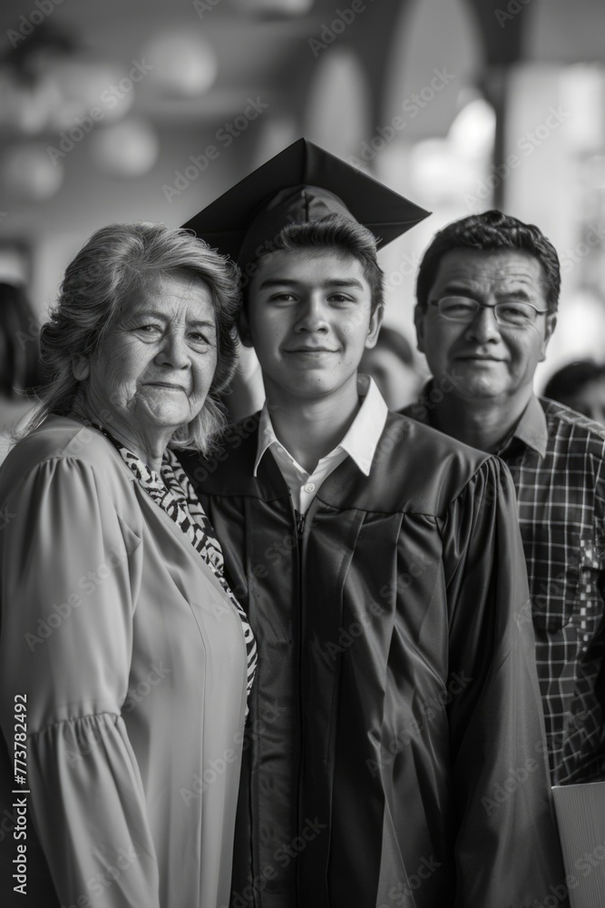 A man and a woman are standing next to a young man wearing a graduation cap