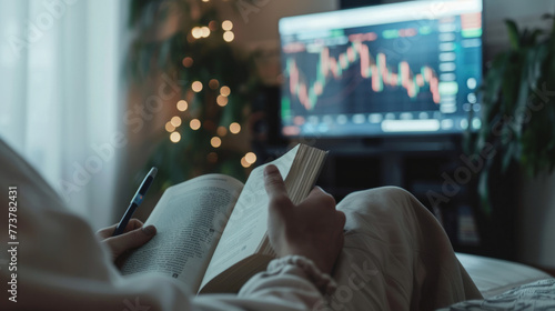 Hand of investor reading a book and television showing stock chart in white tone room,