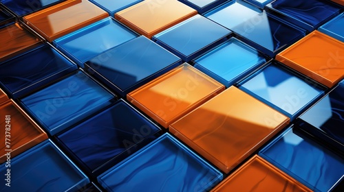 A blue and orange tile pattern with a shiny, reflective surface