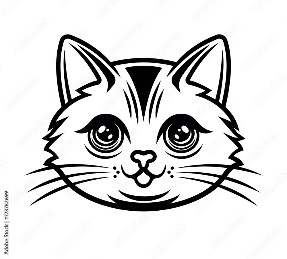 Cat head cartoon character vector illustration in black monochrome style isolated on white background