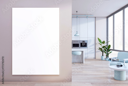 Modern kitchen interior with blank white poster on wall  furniture  and city view background  concept of mockup. 3D Rendering