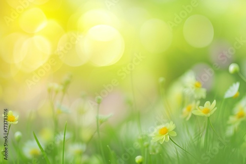 Spring meadow with flowers and bokeh lights, Nature background