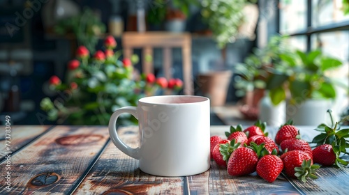 Simple yet elegant, a white mug and fresh strawberries grace a polished wooden table, gently illuminated by soft backlighting, creating a serene ambiance, for mockup.