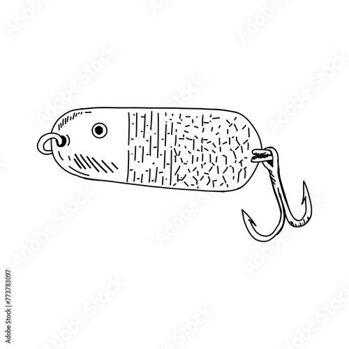Fishing hook minnow vector illustration tackle. Metal fly gudgeon spinner lure feeding. Bait line drawing. Ink silhouette. Spoon angler tool black outline 