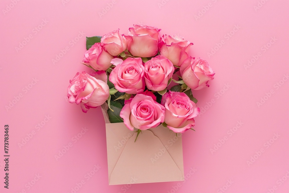 Bouquet of pink roses in an envelope on a pink background
