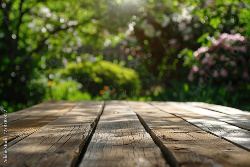 A wooden table with a view of a garden
