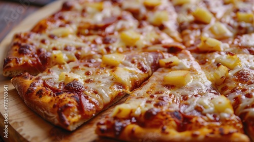 A slice of pizza with pineapple toppings is on a wooden cutting board