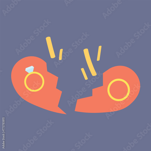 Broken heart and wedding rings on lilac background. Concept of divorce