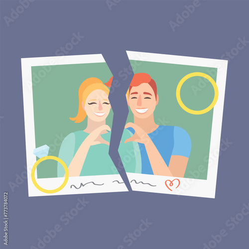 Torn photo and wedding rings on lilac background. Concept of divorce