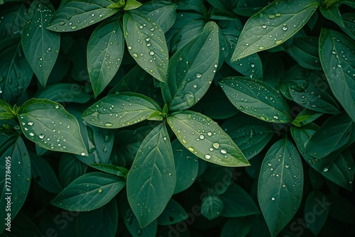 Green leaves with water drops, natural background,  Close-up
