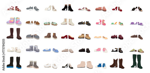 Set of many different shoes for children and adults on white background