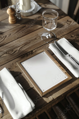 A wooden table with a white napkin and a glass of water © vefimov