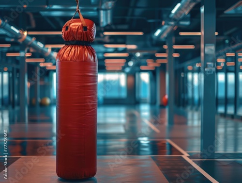 A red boxing bag is hanging from the ceiling in a gym © vefimov
