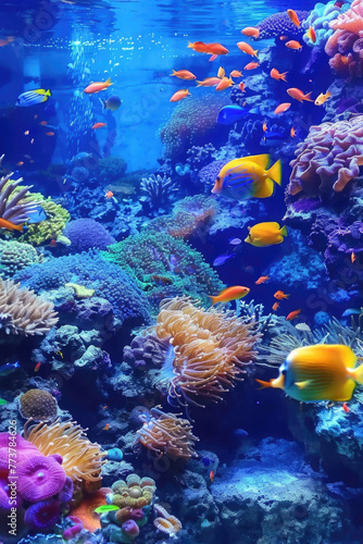 A colorful coral reef with many fish swimming around