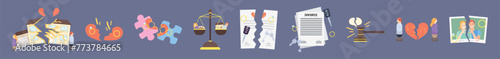 Set of clipart for divorce on lilac background