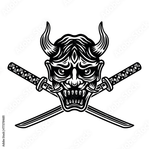 Oni mask and two crossed katanas vector illustration in monochrome style isolated on white background