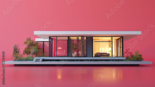 A 3D Max miniature modernist home, emphasizing function over form with clean lines, displayed on a vivid magenta background to highlight its simplicity.