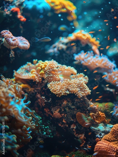A colorful coral reef with a variety of fish swimming around © vefimov