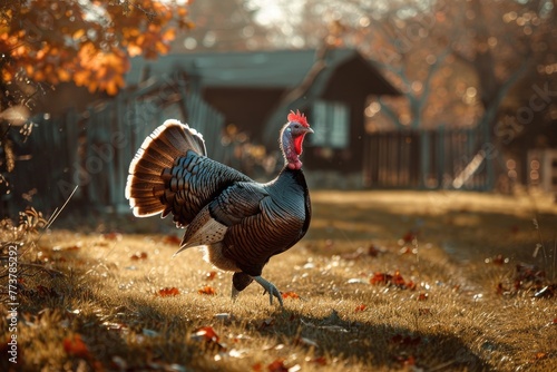 Wild turkey walks a rustic farmyard.