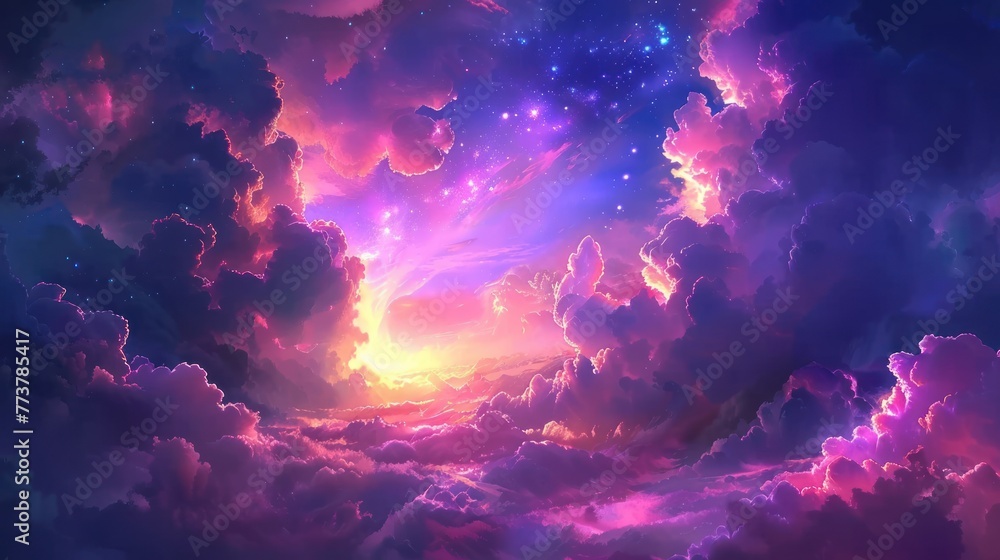3d render, abstract fantasy background of colorful sky with neon clouds