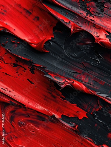 A painting of red and black with a lot of texture and splatters