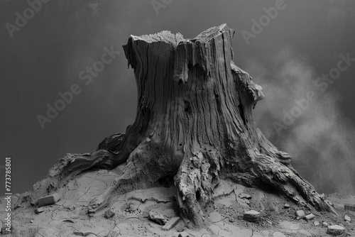 A large tree stump sits on a rocky surface