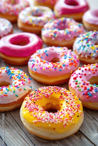 A row of colorful donuts with sprinkles on top