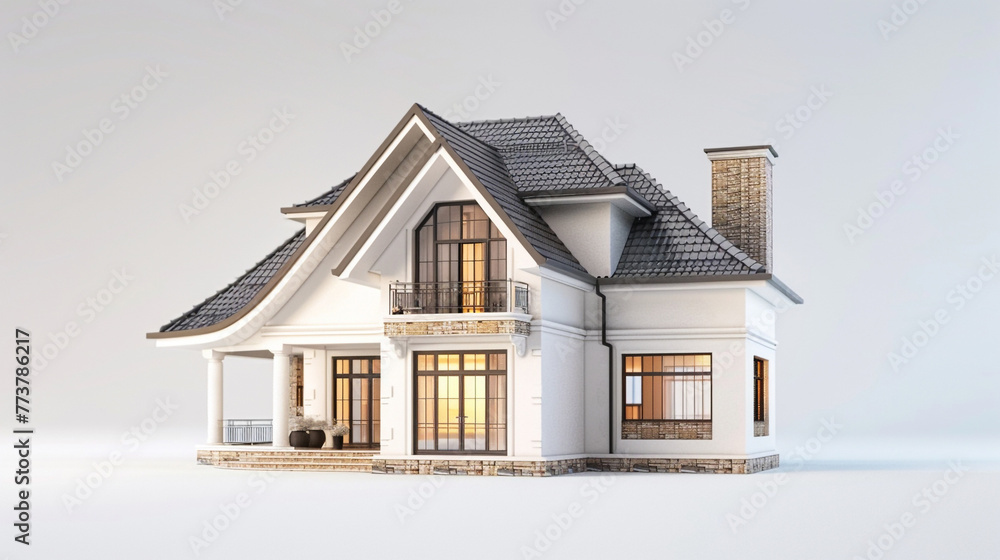 A 3D Max miniature house featuring the latest trending design with a pronounced gabled roof, isolated on a pure white background to emphasize its modern architectural lines and details.
