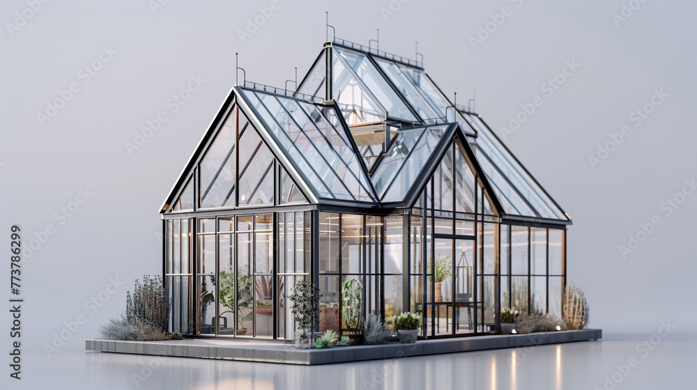 A 3D Max miniature house designed with a blend of glass and steel, featuring a striking gabled roof, showcased on a pale grey background to accentuate its transparency and industrial elegance.
