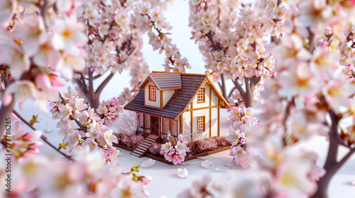 A 3D Max miniature house surrounded by tiny blooming cherry blossoms, isolated on a clear white background to emphasize the vibrant and rejuvenating spirit of spring. photo