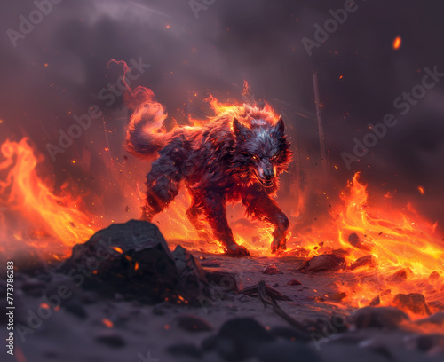 Mythical fire wolf in explosive landscape