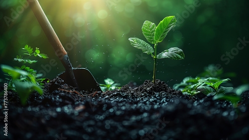 Caring hands: Illustration shows planting day with sprout and shovel for nature