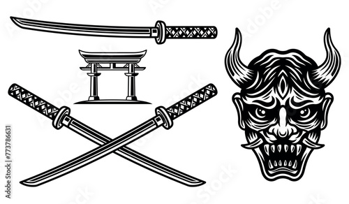 Samurai set of vector objects or design elements isolated on white background