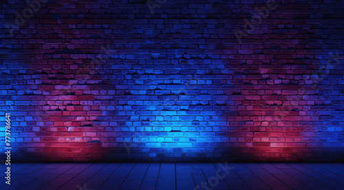 A 3d illustration of brick wall room with blue  red  purple and pink neon lights on wooden floor. Dark background with smoke and bright highlights  night view. Studio shot mockup design