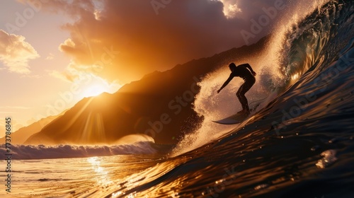 Young man riding a wave on a skimboard sunset photo