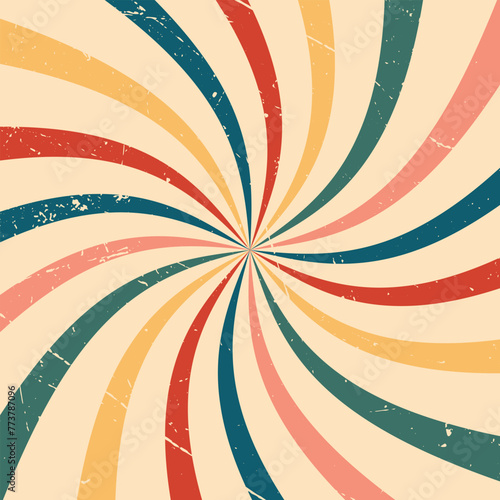 Groovy retro swirl sun burst vintage banner background vector. Vintage color tones on cream background with oldie texture. Use for background, website, wallpaper. Vector Ilustration