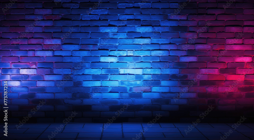 A 3d illustration of brick wall room with blue, red, purple and pink neon lights on wooden floor. Dark background with smoke and bright highlights, night view. Studio shot mockup design A 3d illustration of brick wall room with blue, red, purple and pink neon lights on wooden floor. Dark background with smoke and bright highlights, night view. Studio shot mockup design