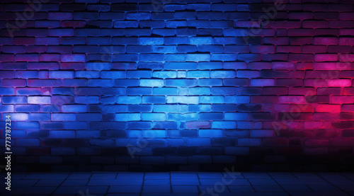 A 3d illustration of brick wall room with blue  red  purple and pink neon lights on wooden floor. Dark background with smoke and bright highlights  night view. Studio shot mockup design