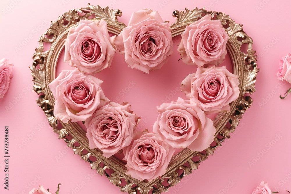 Beautiful pink roses in heart shaped frame on pink background, top view