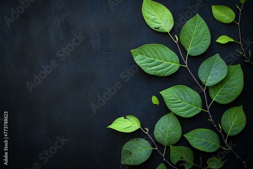 Green leaves on a black background,  Top view,  Copy space