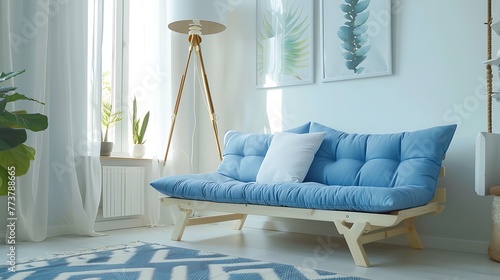 bright white and blue living room interior with scandinavian futon sofa