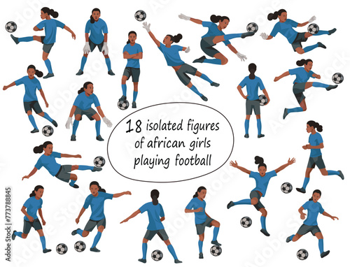 African team figures of junior girl women s football players and goalkeepers in blue T-shirts in various poses jumping  running  catching the ball