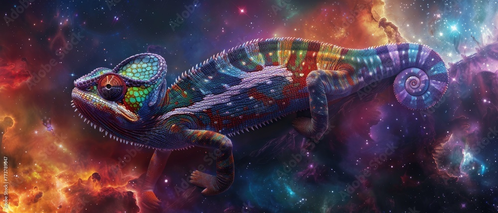 A chameleon changing colors to match the vibrant hues of a cosmic nebula it crawls upon - obrazy, fototapety, plakaty 