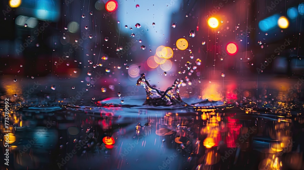 A close-up of raindrops splashing on a puddle with the city lights blurred in the background